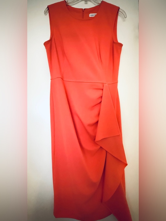 Calvin Klein Dresses & Skirts - HOT DEAL! Calvin Klein Coral Midi Dress with Side Ruffle. Size 8.